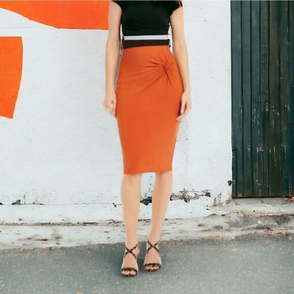 Thalia Sodi Stretch Mango Orange Twist Scuba Pencil Skirt bodycon stretch XS 0/2 - Picture 2 of 6
